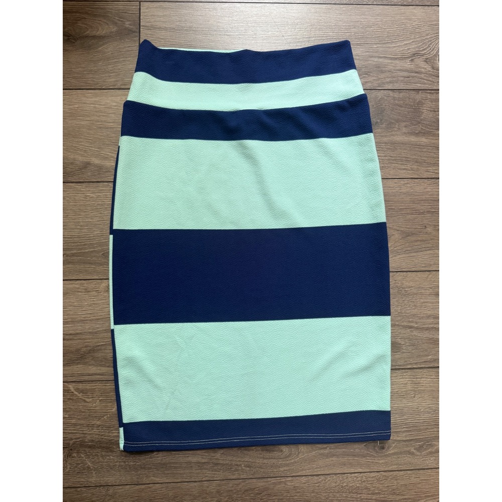 LuLaRoe Cassie Pencil Skirt Navy Blue Mint Green Striped Textured Knit Small